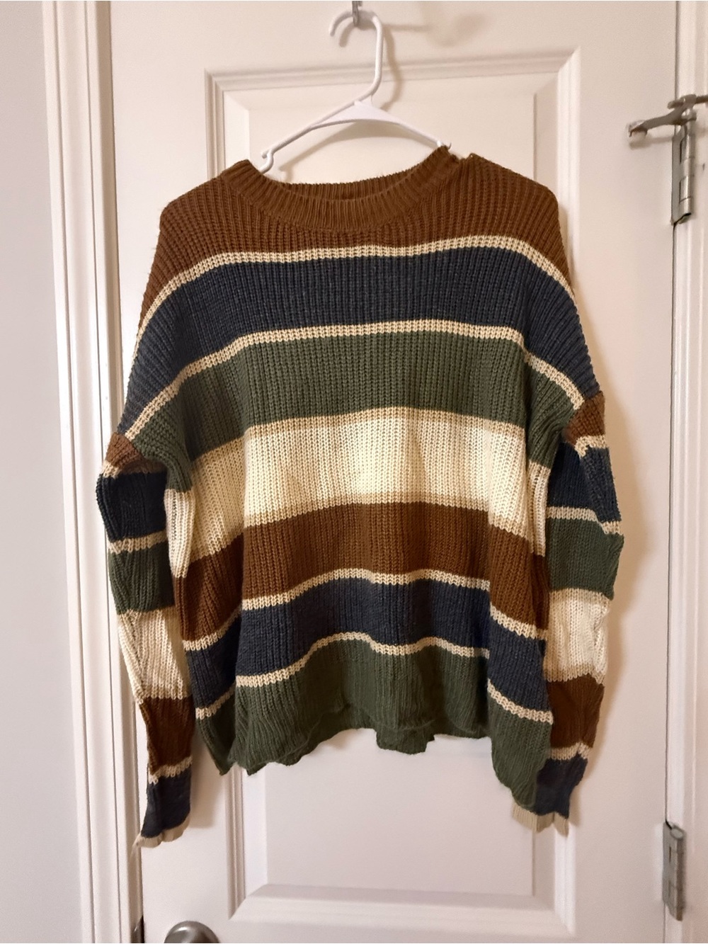 SHEIN Striped Crewneck Sweater in Brown, Green, Navy & Cream